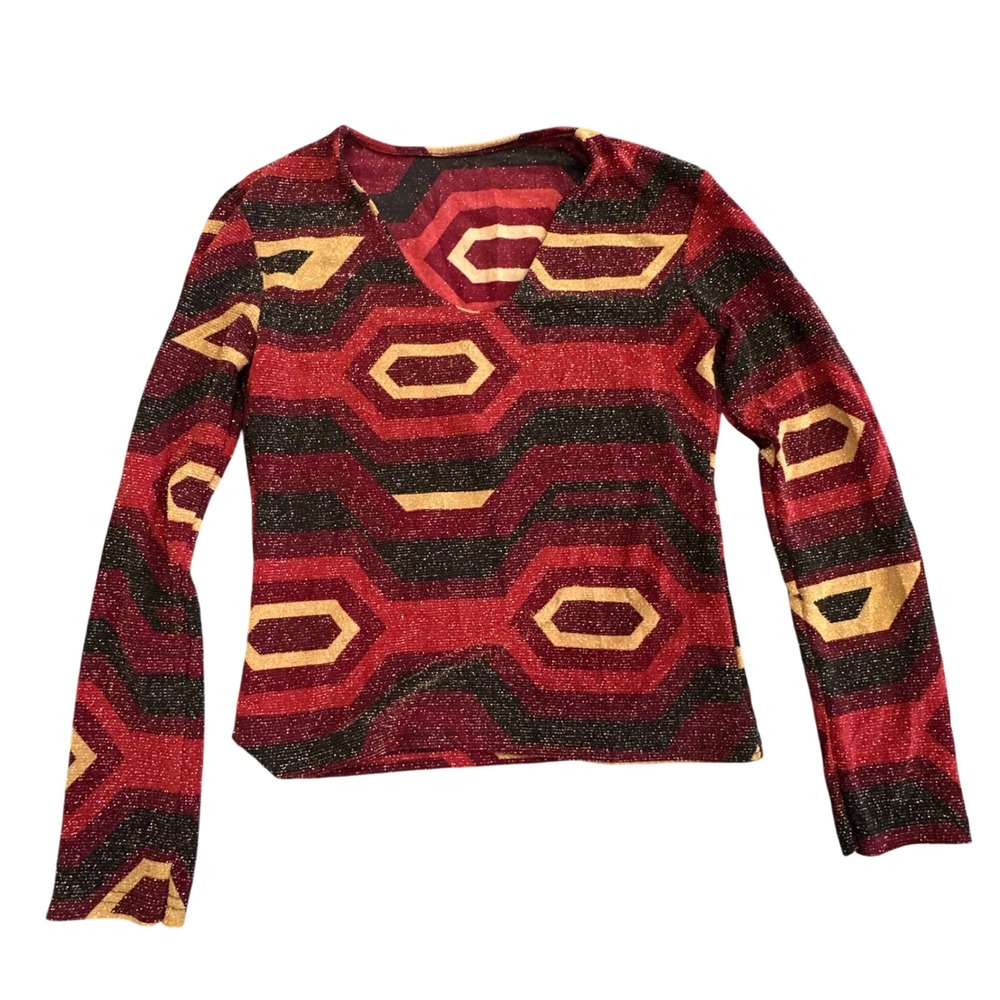 Retro Red Gold Geometric Hexagon Metallic Lurex V-Neck Long Sleeve Top Slim Fit